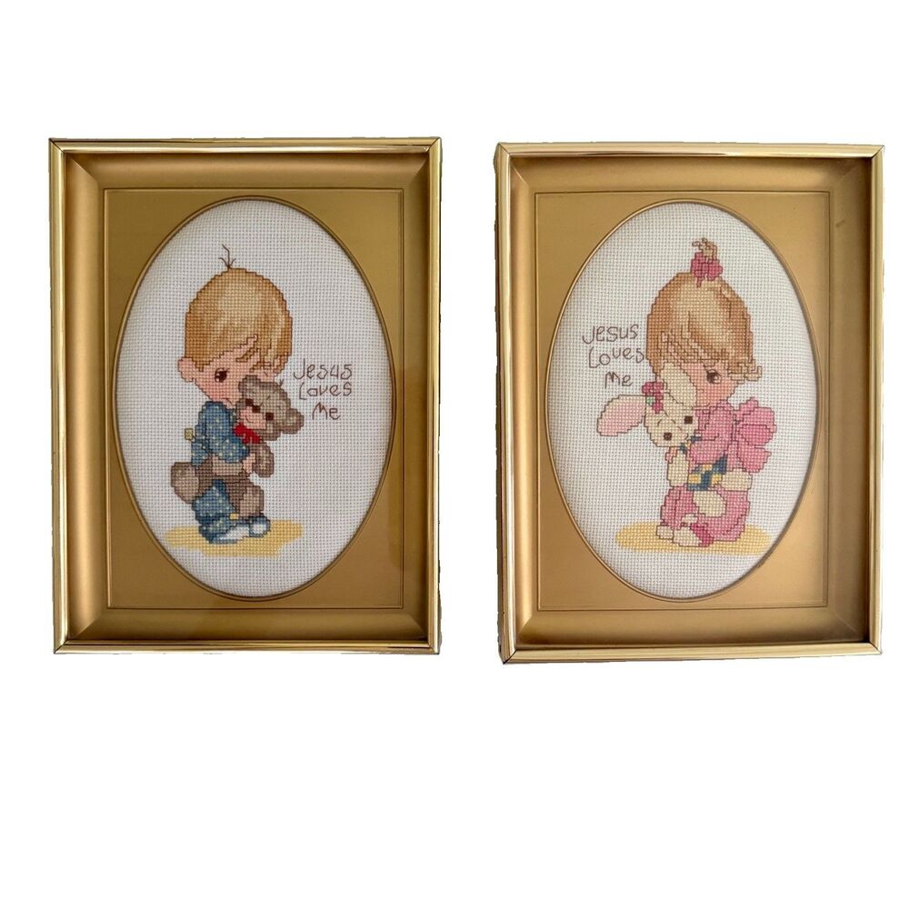 Set of 2 Framed Finished Cross Stitch JESUS LOVES ME Precious Moments Boy Girl